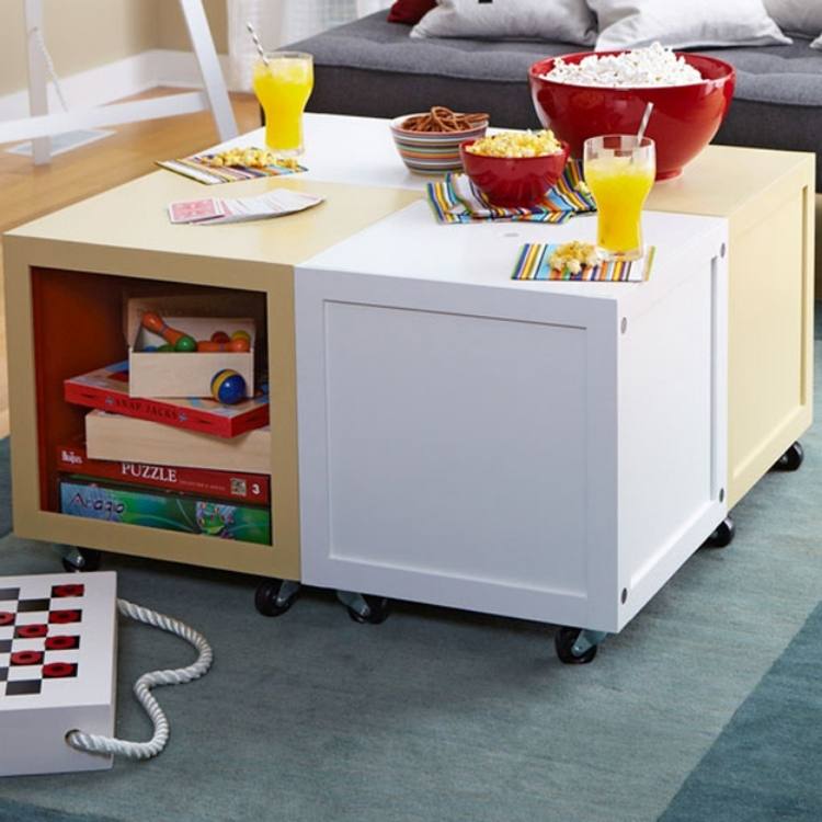 toy storage under the coffee table in cubes 