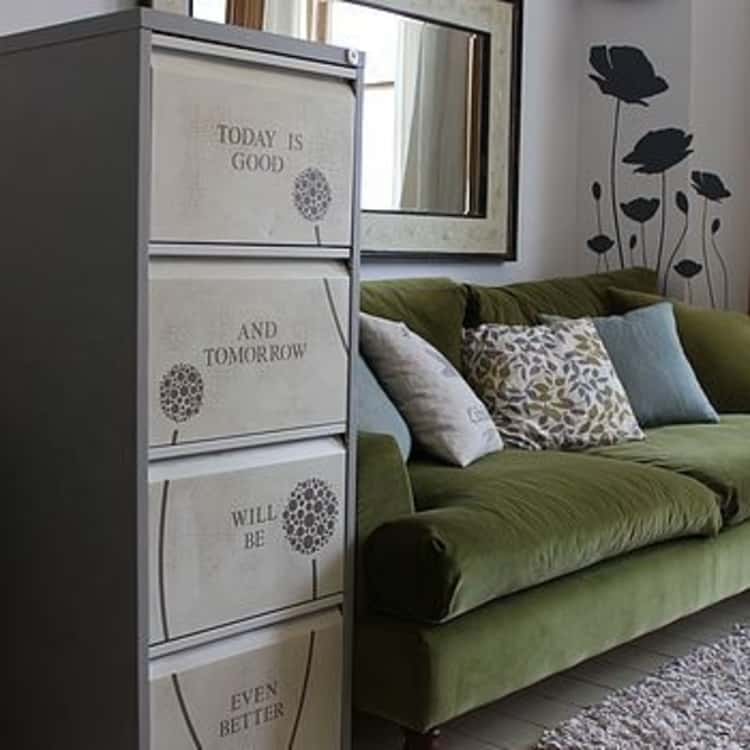 File cabinet makeover - gray make over cabinet with the words TODAY IS GOOD, AND TOMORROW, WILL BE, EVEN BETTER, written on its 4 drawers. 