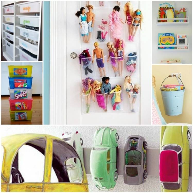 fun and clever ways to organize toys collage - barbies hanging behind door, buckets of books, etc.