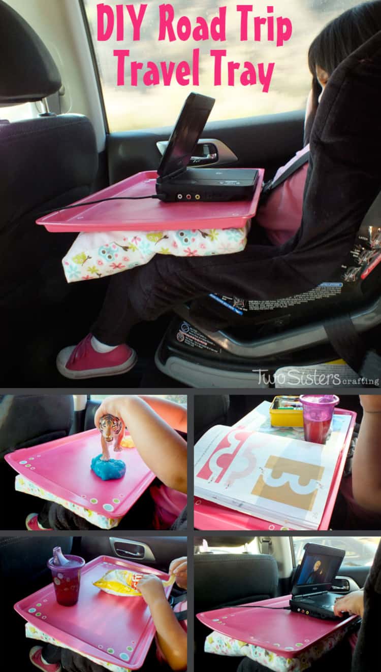 Old cookie sheet becomes travel tray for kids, photo collage, different items on travel tray