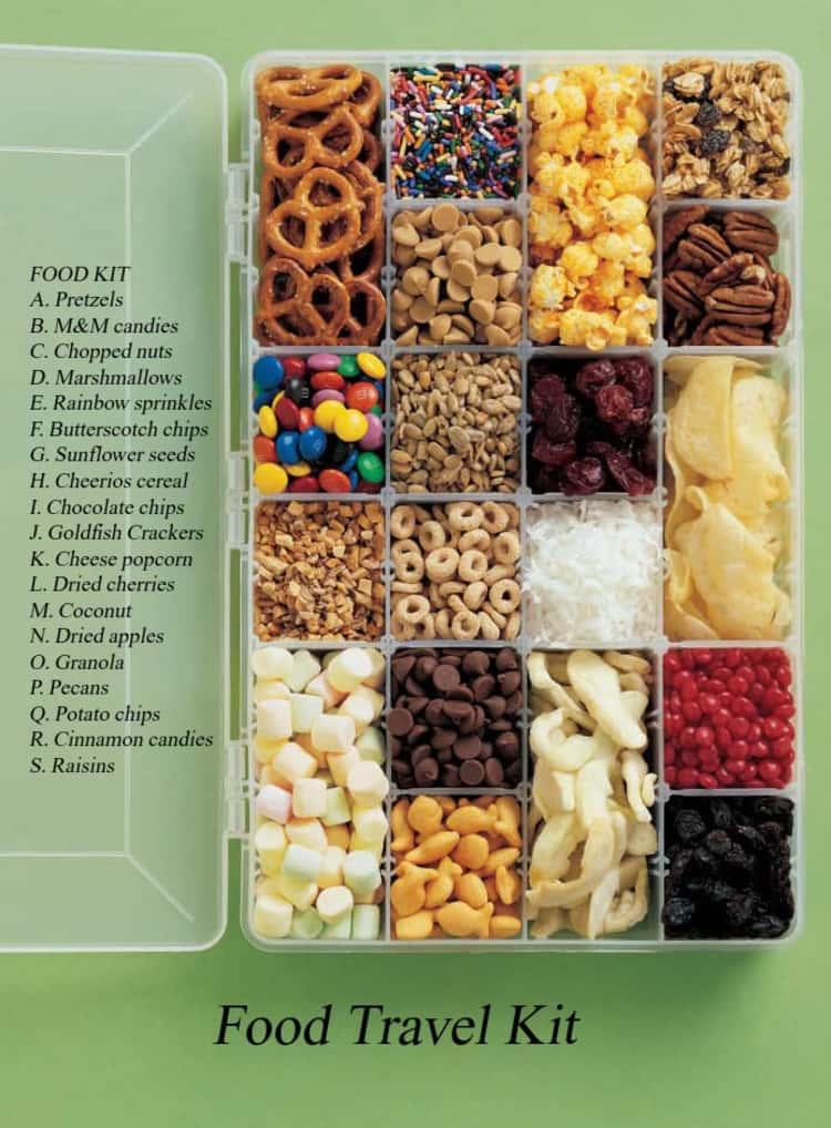 Travel tips, small tackle box with compartments for snack organizer, pretzels, chopped nuts, etc.