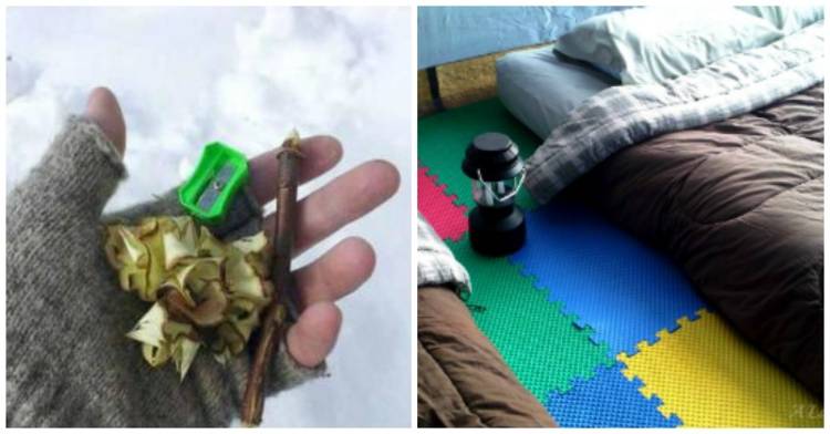 cold-weather-camping-tips image of a gloved hand holding kindling shavings created from using a pencil sharpener on a stick with the background of snow; adjacent image of a sleeping back in a tent next to a lantern with foam tiles lining the tent floor