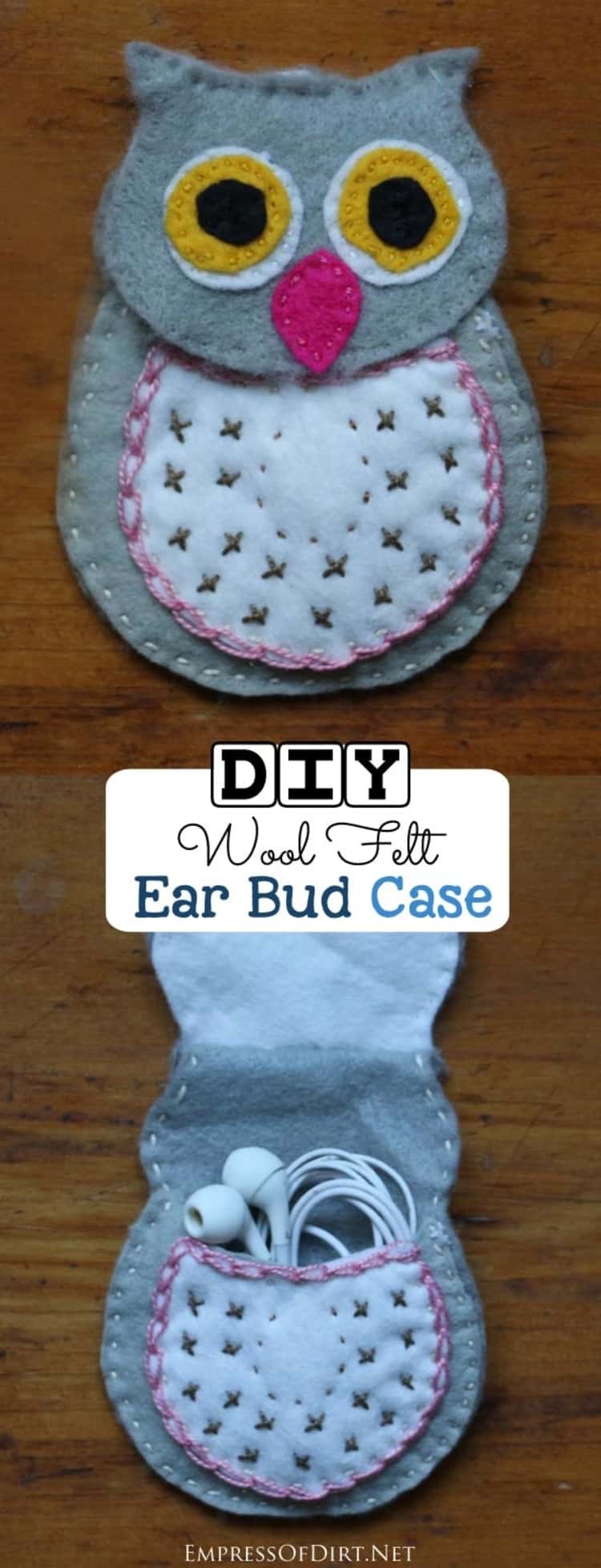 DIY wool felt earbud case in the shape of an owl 