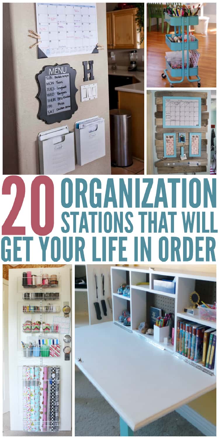 20 organization station ideas to get your life in order collage a wall with a calendar and lists, a rolling cart with art supplies, a reclaimed wood backsplash organization center, craft supplies stored on a closet door in wire baskets, a hidden kids room desk for homework and supply storage