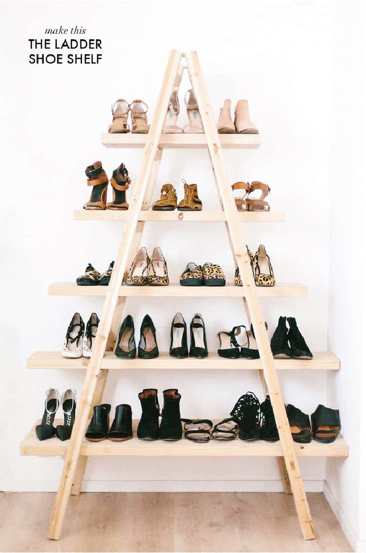 DIY Shoe Shelves from a Ladder Bedroom Organization Ideas