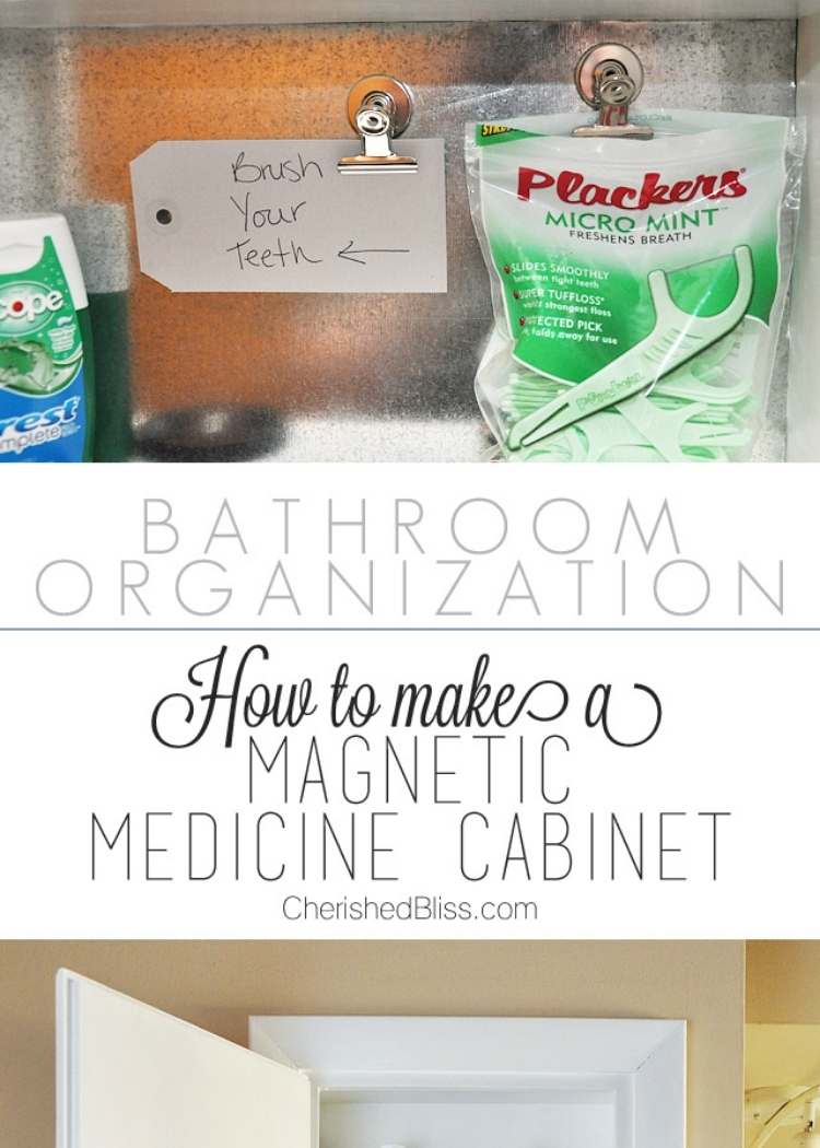 How to make a magnetic medicine cabinet graphic with magnetic clips holding ziplock bags of dental floss picks and notes