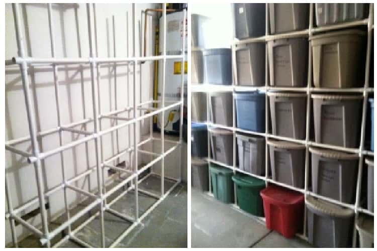 DIY PVC pipe shelves basement organization