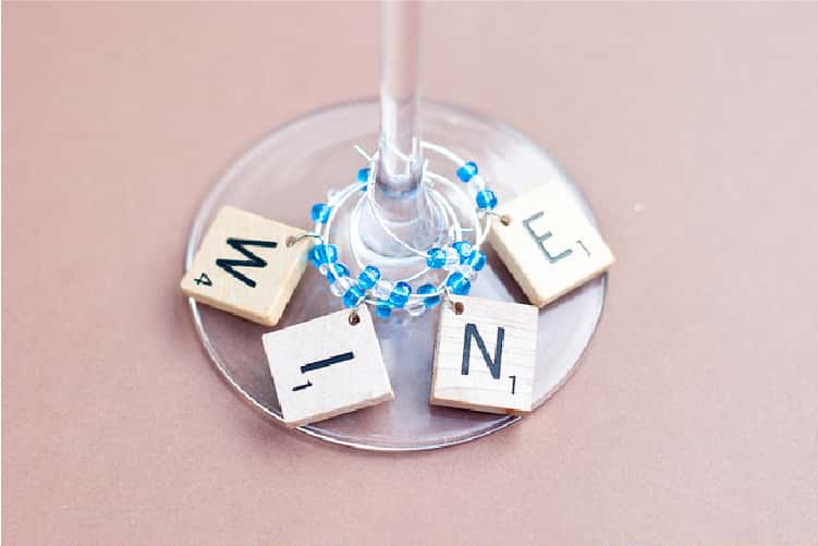 Wine Charms With Scrabble Tiles and blue beads