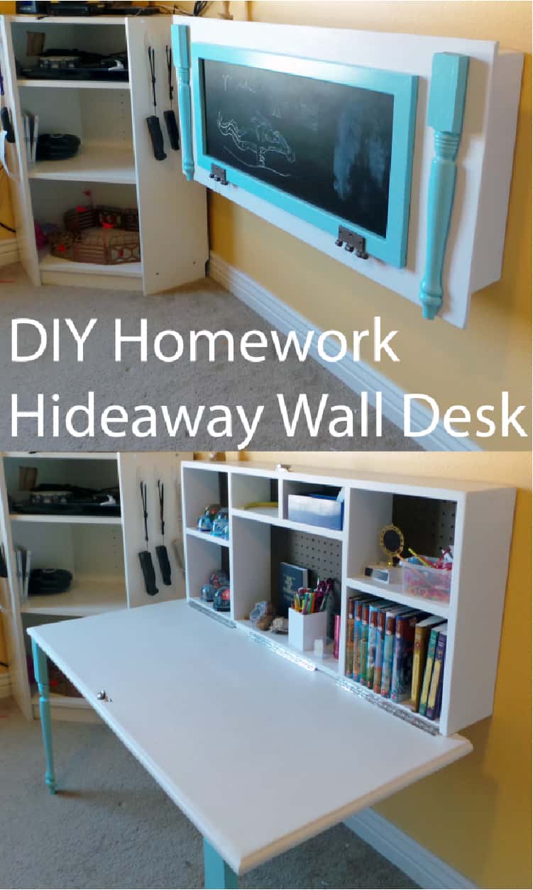 DIY Hideaway Homework Desk light blue legs and blackboard when on the wall and desk when down