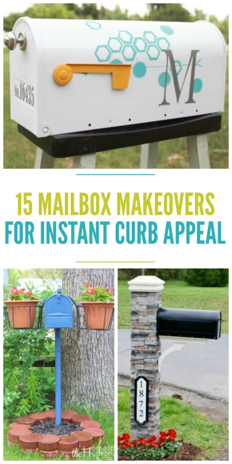 3 photo-collage of Mailbox Makeovers For Instant Curb Appeal - bright and stylish mailbox with hexagonal designs, cast stone mailbox, and mailbox flanked by potted plants. 