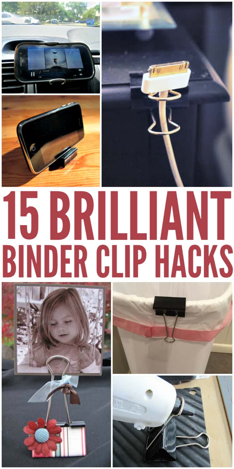 15 brillliand binder clip hacks, collage of phone mount, chord mount, photo mount, trash paper and glue gun mount