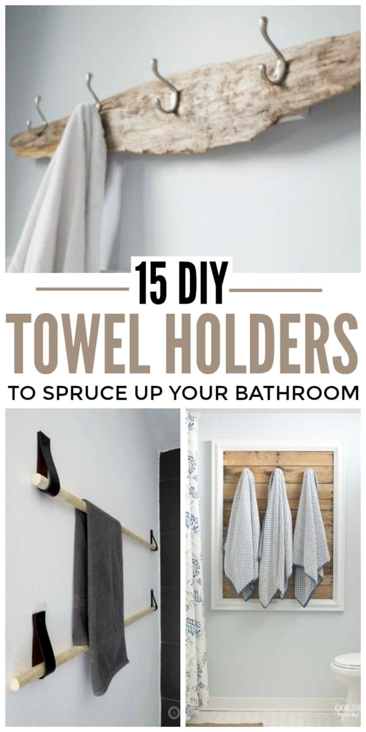 15 DIY Towel Holders to spruce up your bathroom; collage of driftwood, leather strap, and pallet towel holders