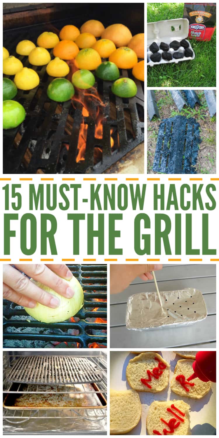 15 Must-know hacks for the grill, collage of citrus fruit grilling, charcoal in an egg tray, disassembled grill, onion scrub, smoker box, grill racks and ketchuping buns