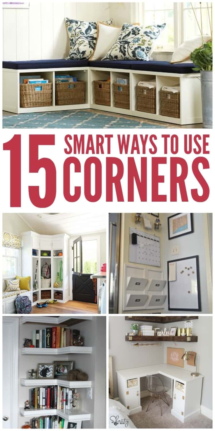 collage 15 ways to use corner space from bins, to shelves and desks