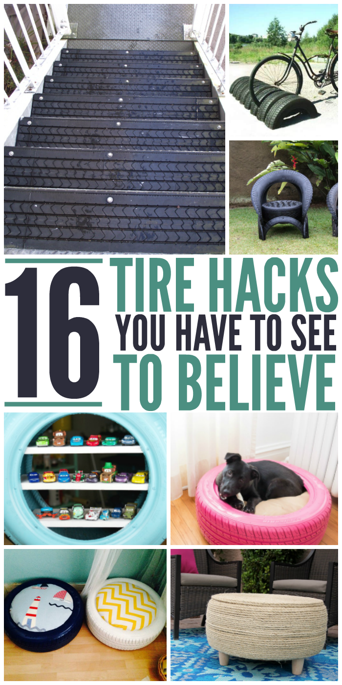 16 Tire Hacks You Have to See to Believe; collage of tire steps, bike stand, chair, shelves, dog-bed, seats and coffee table