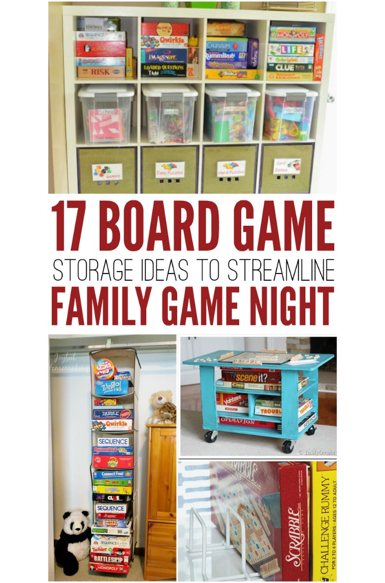 17 Board Game Storage Ideas To Streamline Family Game Night, using storage cubbies to house board games in plastic containers and fabric bins, a closet organizer to hold board games, a rolling storage cart with a flat top to pay board games and a wire rack to hold board games vertically. 