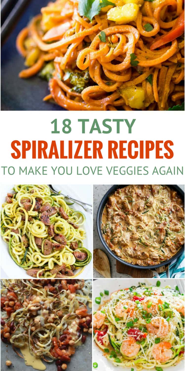 5-photo collage of various recipes titled 18 TASTY SPIRALIZER RECIPES TO MAKE YOU LOVE VEGGGIES AGAIN