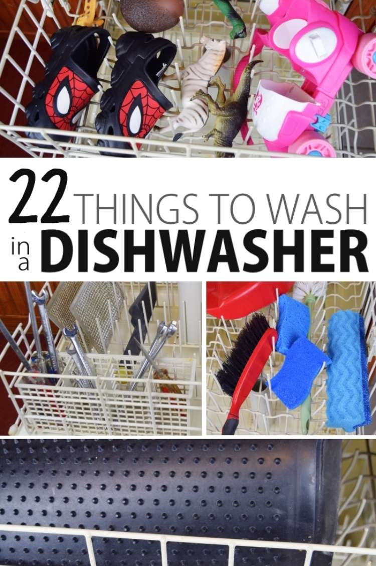 tools, cleaning supplies, shoes, toys inside of a dishwasher