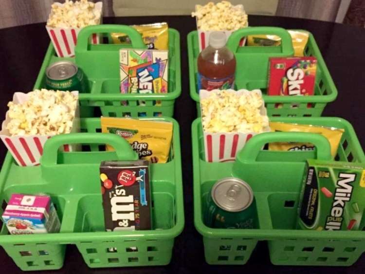 shower caddies holding movie snacks