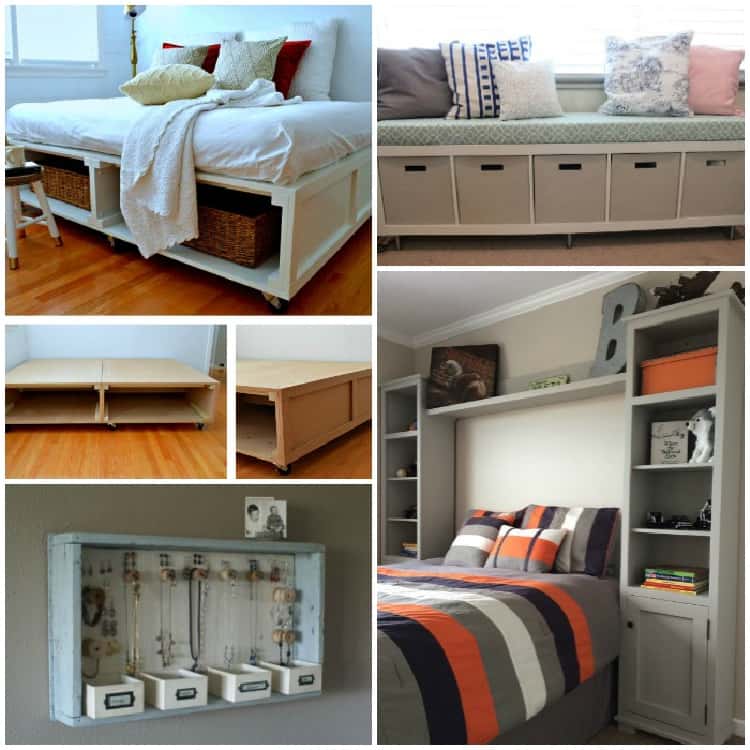 Bedroom Hacks Collage DIY Platform bed with storage, Ikea shelves turned into bedroom seating, diy jewelry box from a wooden tray, shelves instead of a nightstand