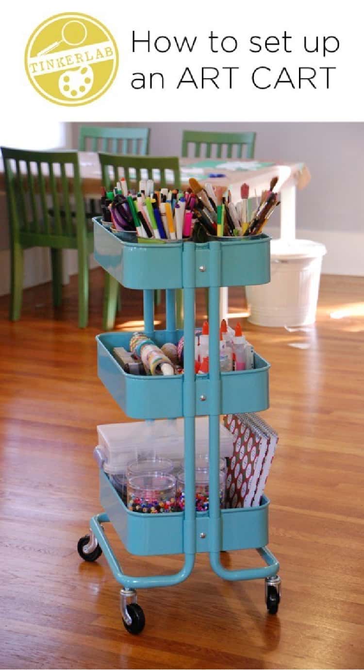 Rolling Art Storage in a rolling cart filled with supplies