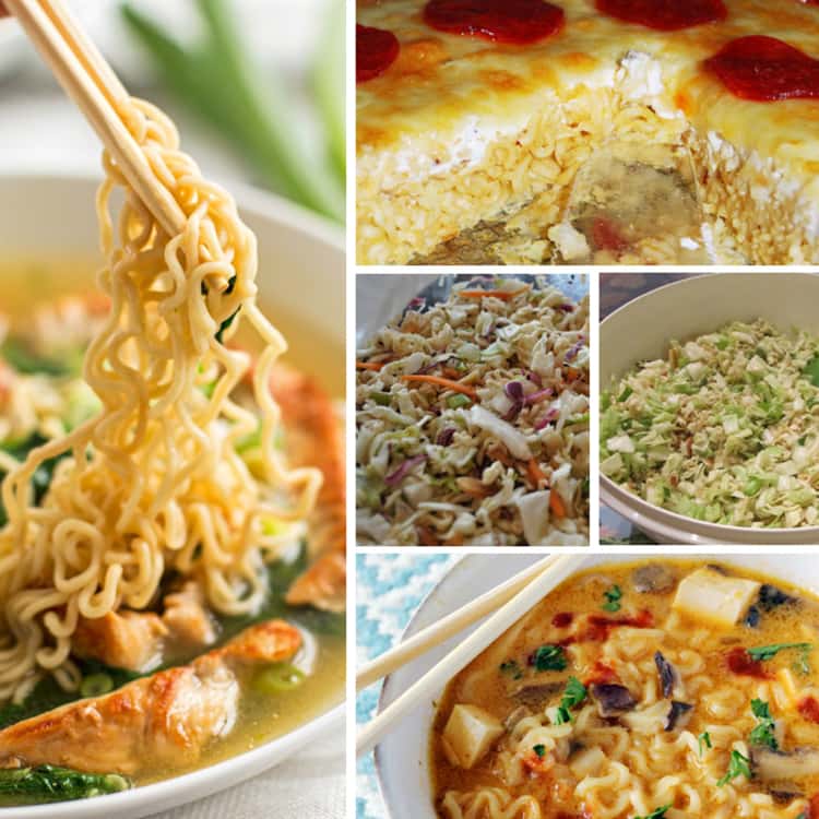 A collage of delicious ramen noodles recipes- a bowl of turkey ramen noodles, Ramen Pepperoni Pizza, Vegan Thai Pumpkin Ramen Soup, and Summer Salad Ramen Noodles