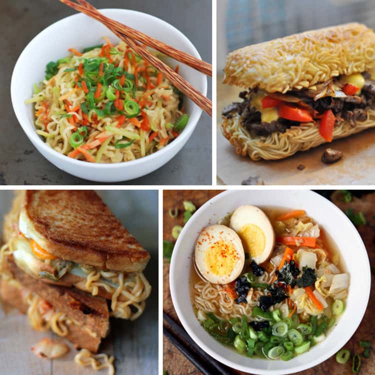 More exciting ramen noodles recipes! A collage of Japanese Miso Ramen Noodles, a Ramen Hoagie Roll, Ramen Grilled Cheese Sandwich and Broccoli Peanut Butter Ramen. Yum! 