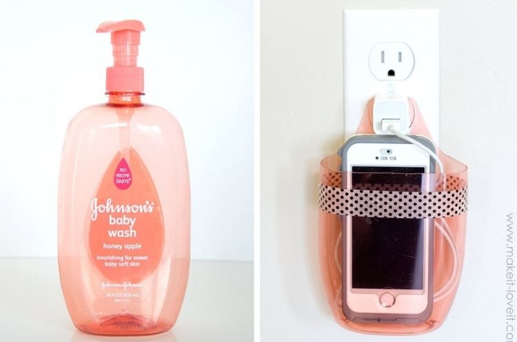 Fun way to use an old shampoo bottle as a cell phone charging station simply with scissors, some glue, and a little decorative ribbon. 