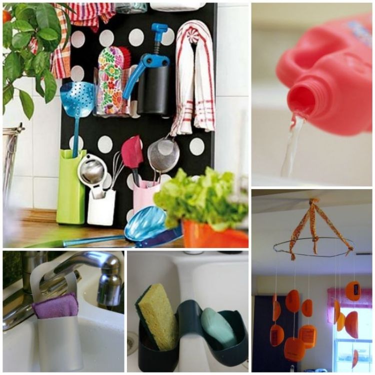 Collage of unique way to transform soap and shampoo bottles into useful things like tool holders, soap caddies and even a mobile. 