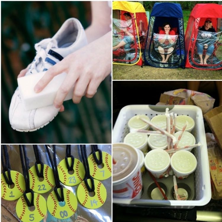 Collage of images including cleaning shoe, muffin hack, baseball medals and moms rain protection