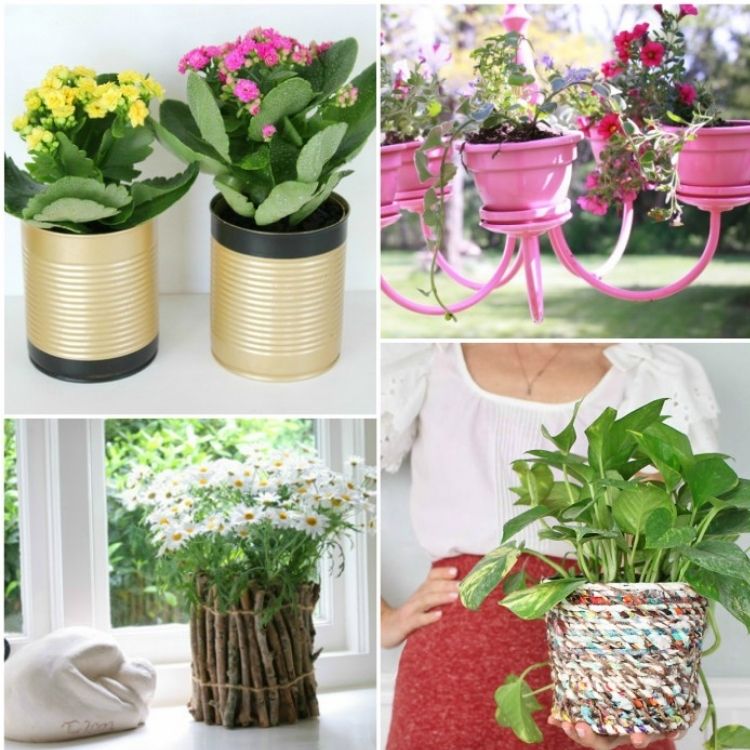 collage of flower pots, gold, twig, fabric and chandelier