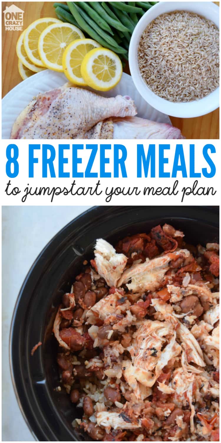 Collage of Freezer Meals to Jumpstart Your Meal Plan with lemon pepper chicken, and rice, red beans, and chicken meals featured.