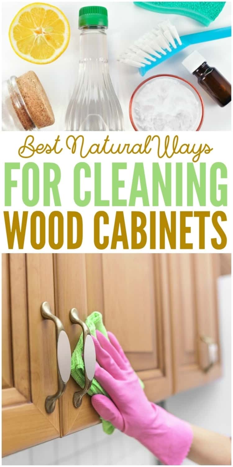 2-photo collage of Best Natural Ways For Cleaning Wood Cabinets - assorted cleaning items such as brush, rag, piece of lemon, bottle of essential oil, bottle of a clear liquid, and a gloved hand wiping cabinets with rag. 