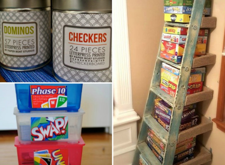 Board Game Storage Tips, custom labels, DIY repurposed ladder turned into a shelf, and pencil boxes turned into board game containers