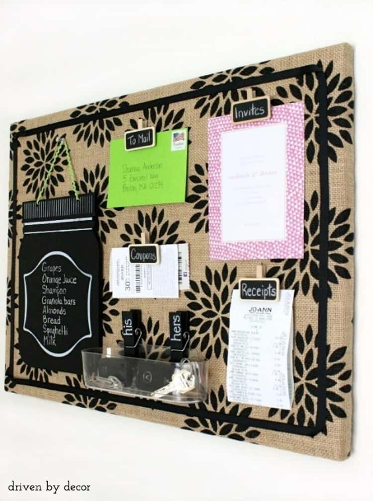 burlap bulletin board to hang on wall with places to organize papers like receipts, coupons, 