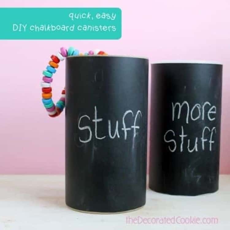empty oatmeal canisters covered in chalkboard paper to hold kids jewelry