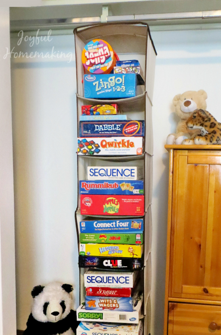 Use a closet organizer to store your board games. The ability to use that vertical space in your closet is a game changer