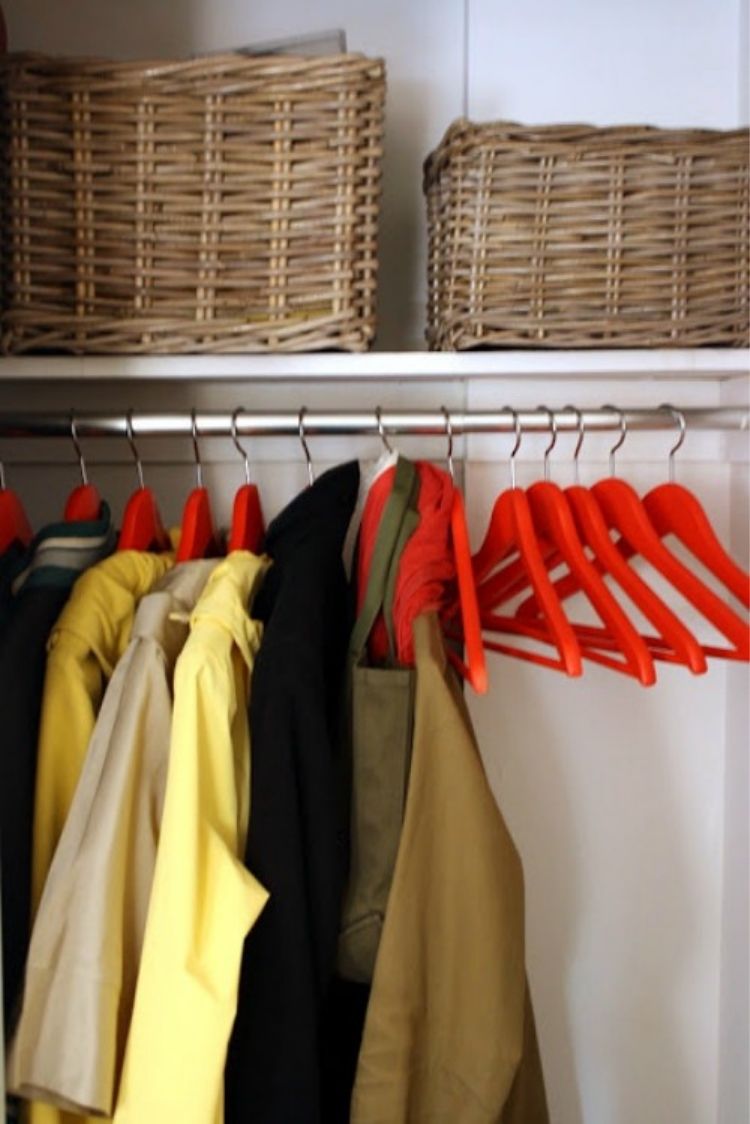 Coat Closet Organization Ideas - Spray paint your coat hangers to make them colorful