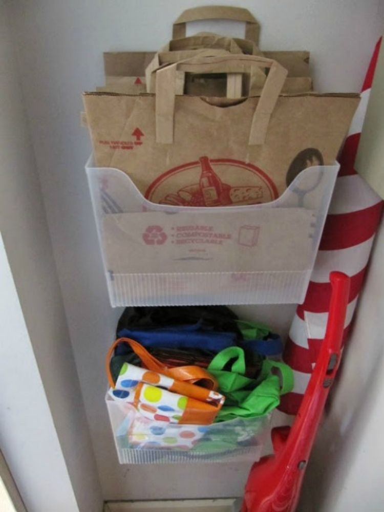 Hang file boxes to organize reusable shopping bags 