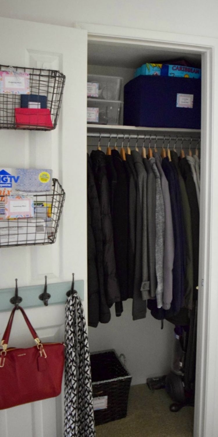 Coat Closet Organization Ideas - Add purse hooks and wire baskets