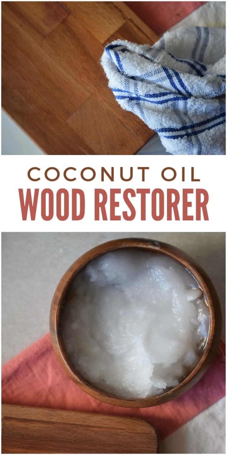 coconut oil wood restorer table with cloth and below, coconut oil in a bowl