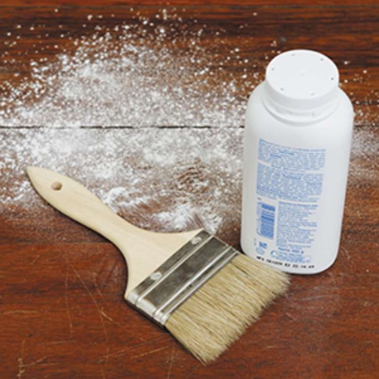 wood floor, paint brush, baby powder