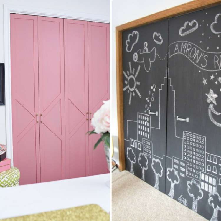 pink closet door and chalkboard paint covered closet doors