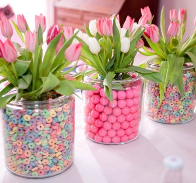 Picture of cereal and bubblegum used as vase fillers