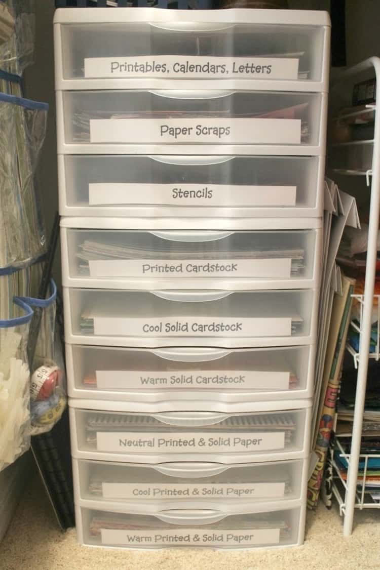 A set of vertical plastic drawers with white labels on the front for scrapbooking items