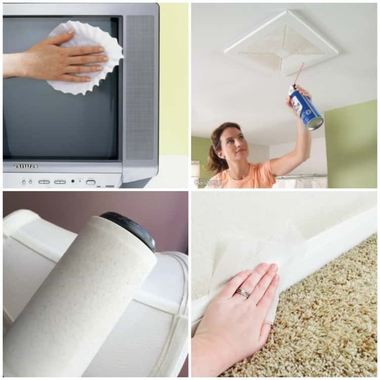 4-photo collage of dusting hacks - person cleaning TV screen with coffee filter, lint roller on lampshade, person wiping baseboard with dryer sheet, and lady with a can of canned air pointed towards the grill on exhaust fan. 