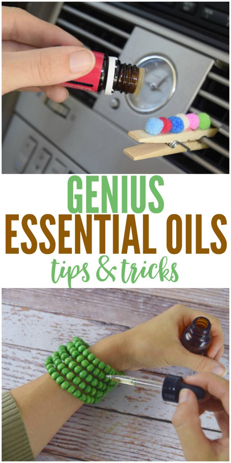 Genius essential oils tips and tricks - image collage of words "genius essential oils tips & tricks" with image of essential oil drops added to car vent diffuser; image of essential oil dropper applying oil to wooden bead diffuser bracelet