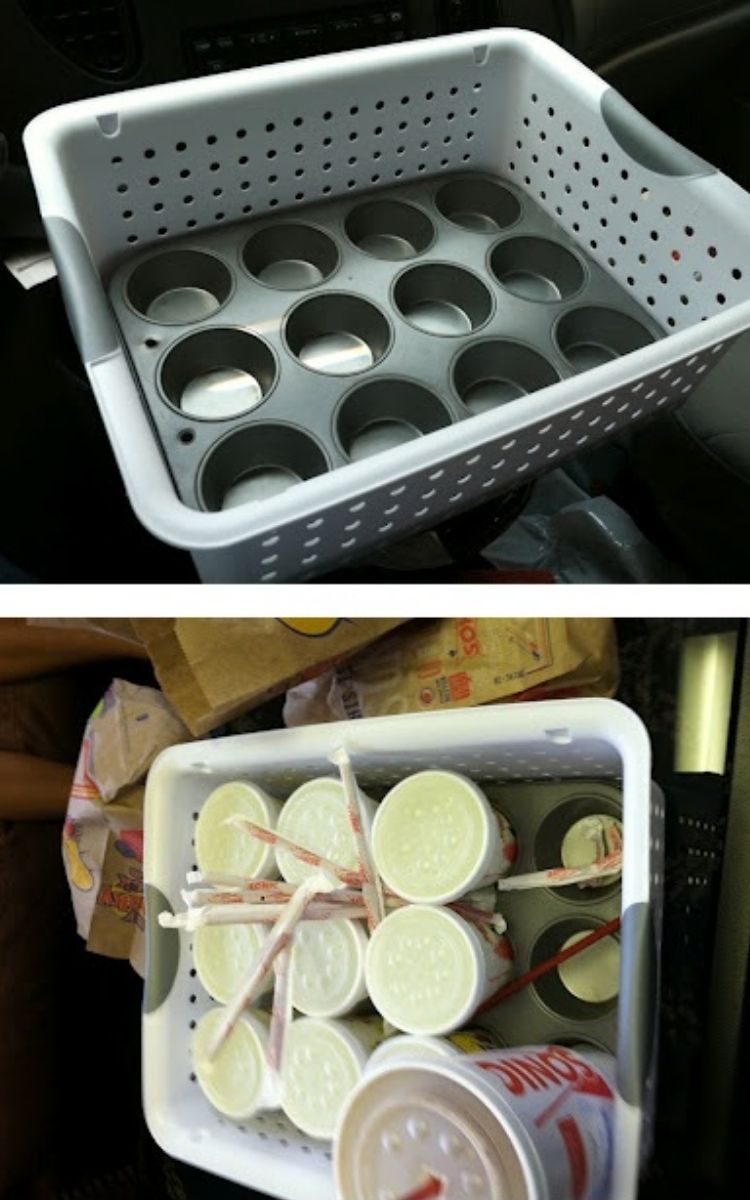 muffin tin in a basket for hauling drinks for the team