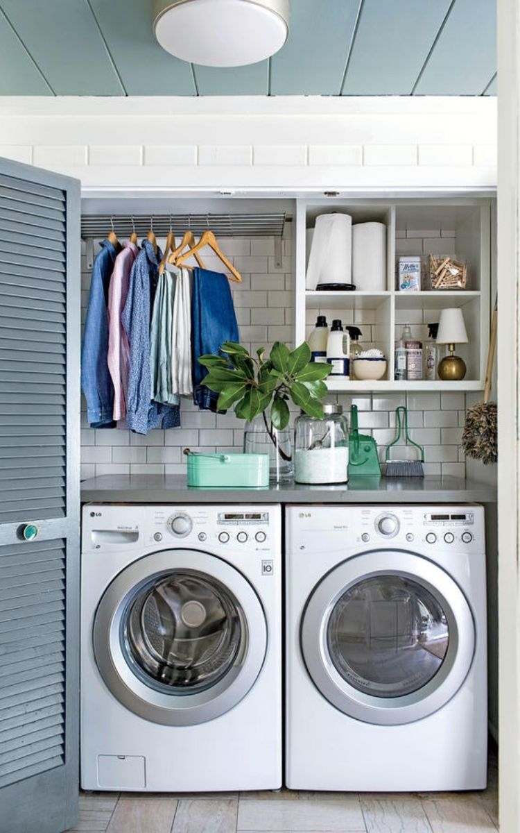 Deep set hanging rack and shelves in laundry closet