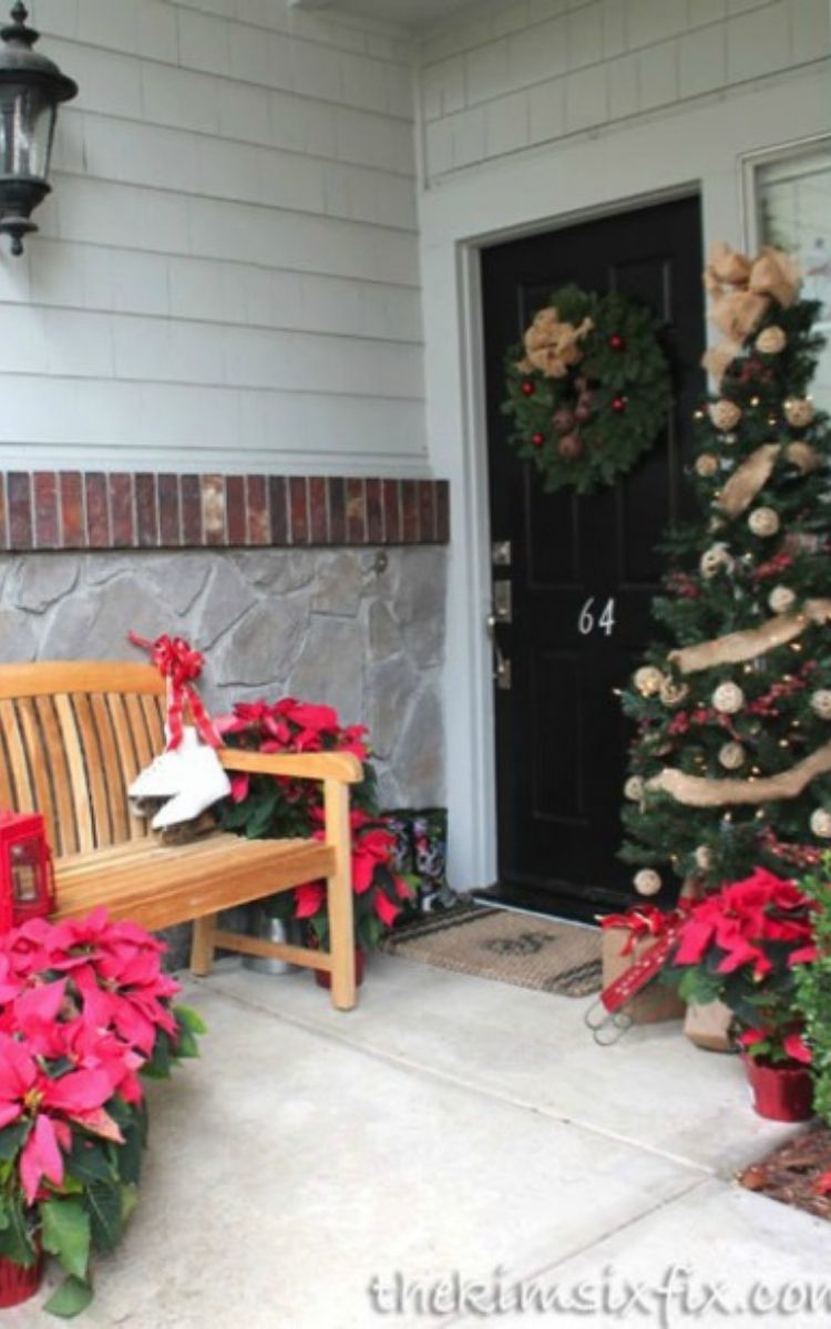 poinsettias and burlap front porch decorations